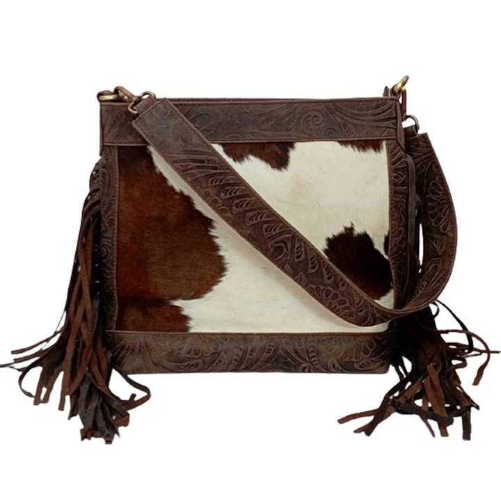 Geprägte Schultertasche mit Fransen aus Haar-on-Leder - 9120 für den Großhandel von Viceroy Leathers