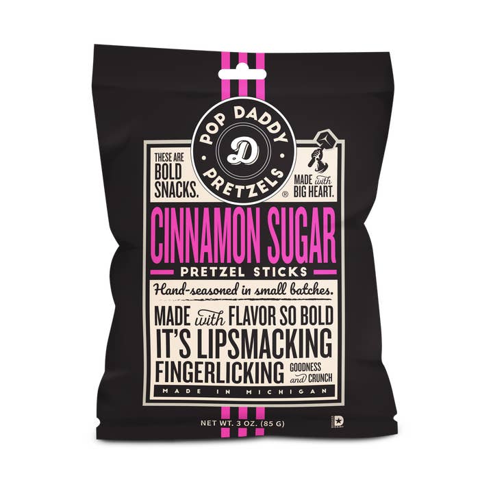 Pop Daddy – Cinnamon Sugar Seasoned Pretzels 3.0oz for wholesale by Pop Daddy Snacks