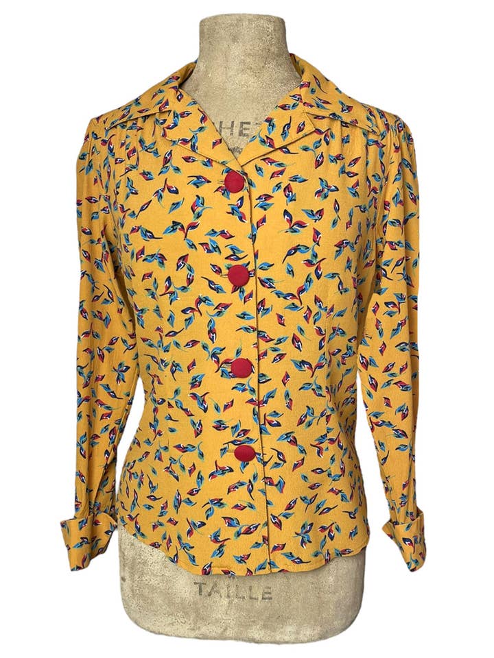 Mustard Yellow Colorful Fall Leaves 1940s Button Up Hepburn Blouse for wholesale by Loco Lindo