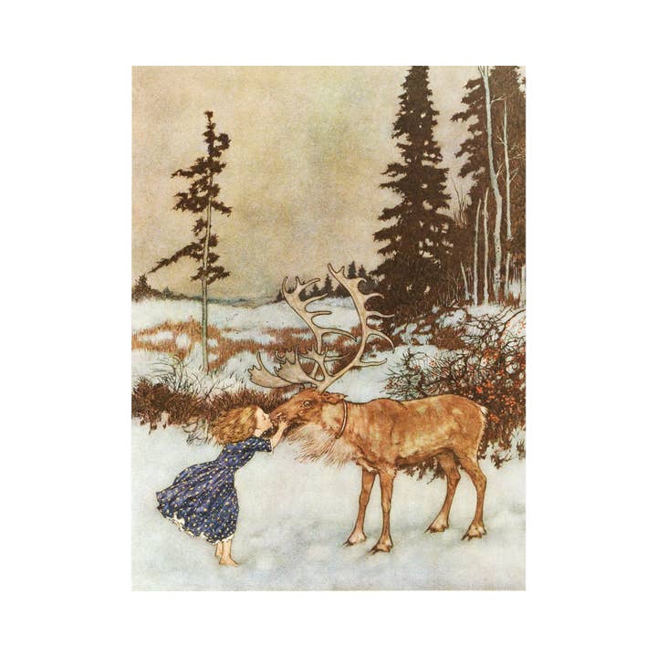 Sweet girl kissing a reindeer | Gerda and the Reindeer | Christmas woodland | Edmund Dulac book illustration | Fantasy wall art for wholesale by Rock Paper Scissors Wall Art