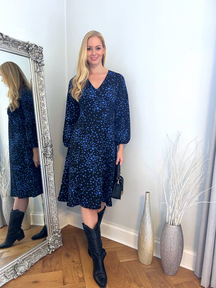 Blue Heart Print Flared Hem Dress for wholesale by Marina Kaneva