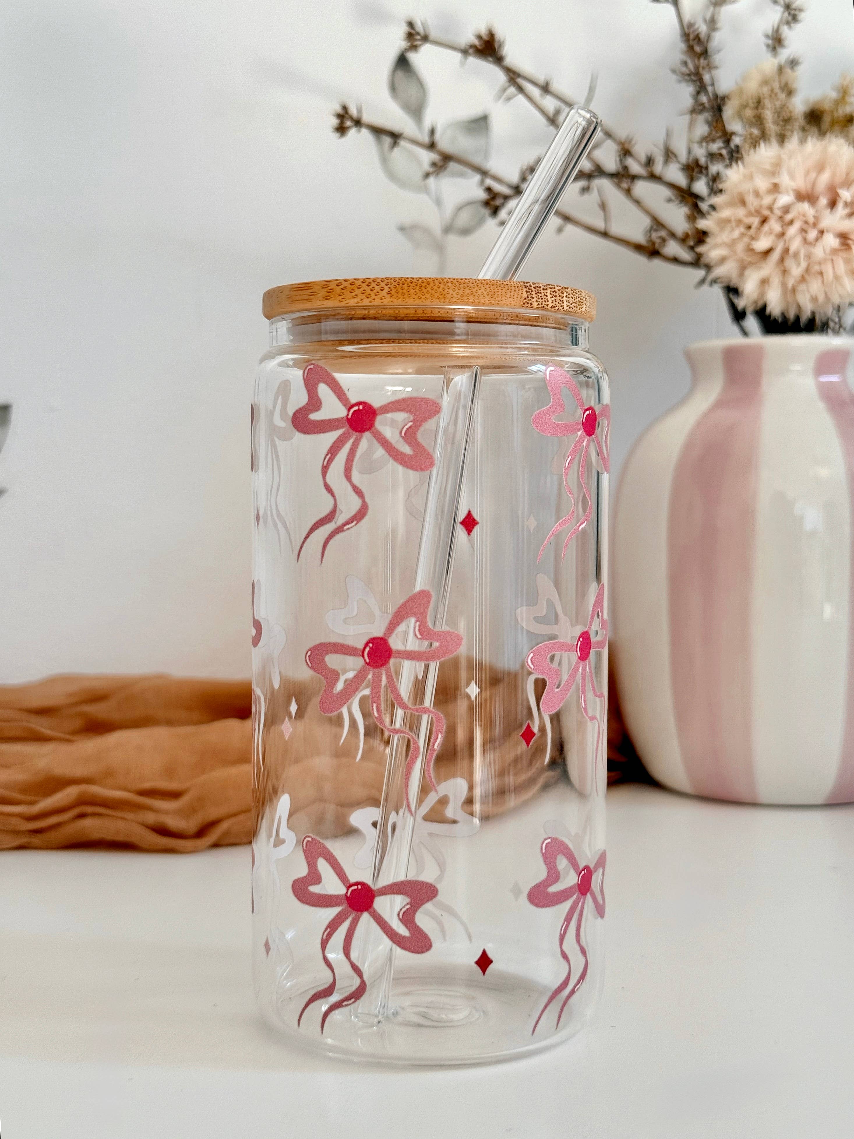 the cute cloud - Wholesale Drinking Glass/Cup - Glass Tumbler Pinky Bows Dishwasher Safe 550ml + Lid & Straw1