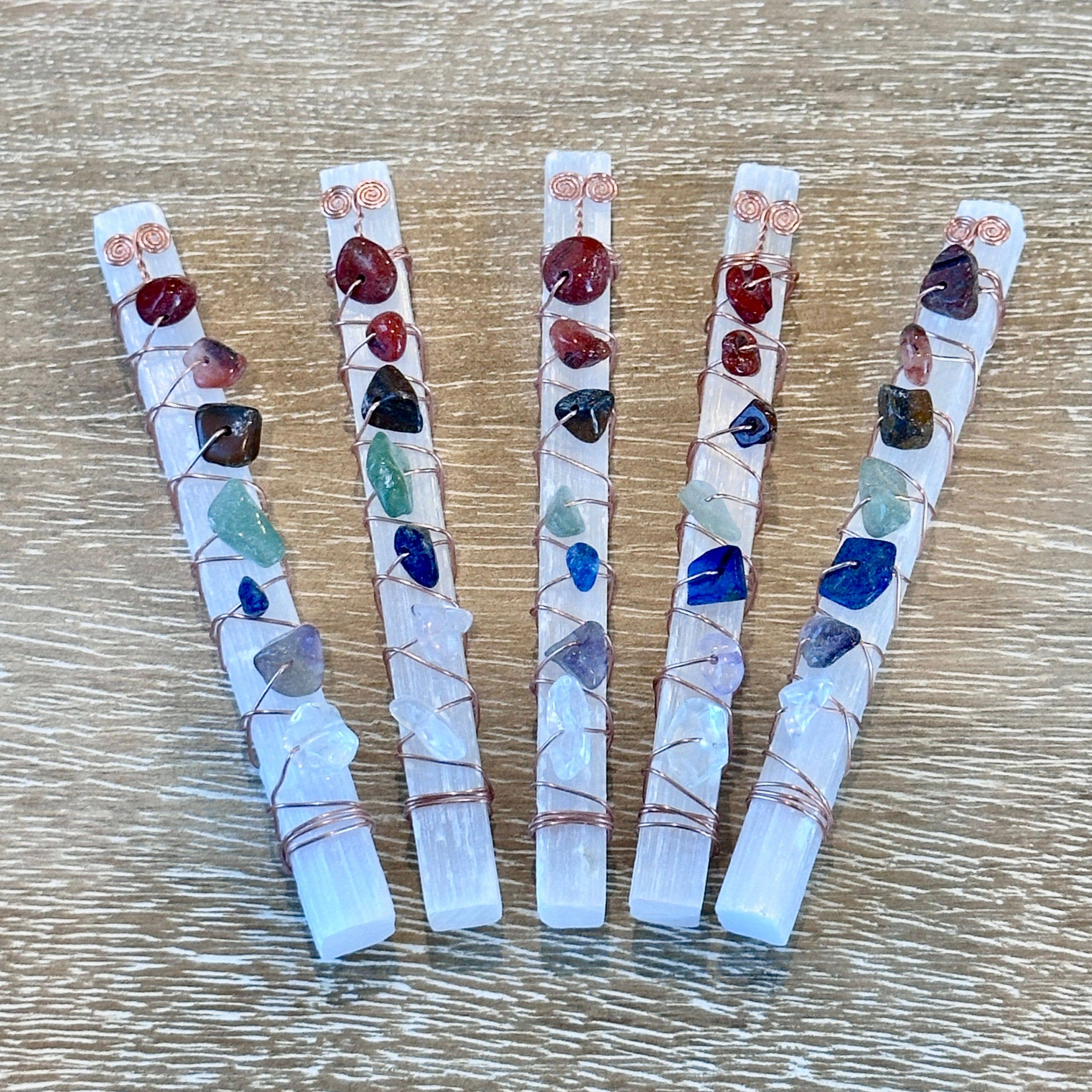 Picki Nicki - Wholesale Spiritual Stone/Crystal - Selenite Crystal Wands Adorned with Chakra Crystals1