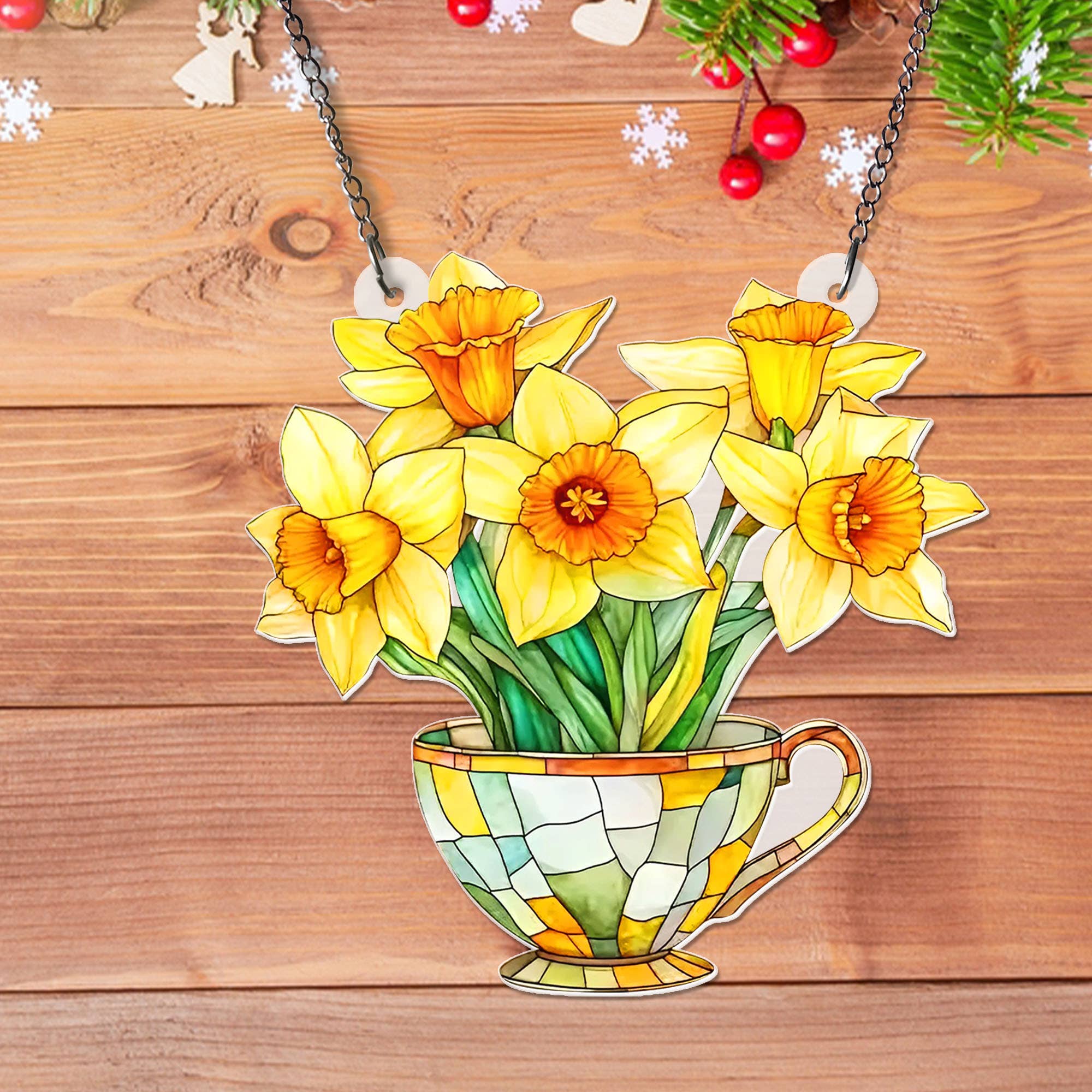 Merchemy - Wholesale Ornament - Flower Daffodils Teacup Acrylic Window Hanging Ornament