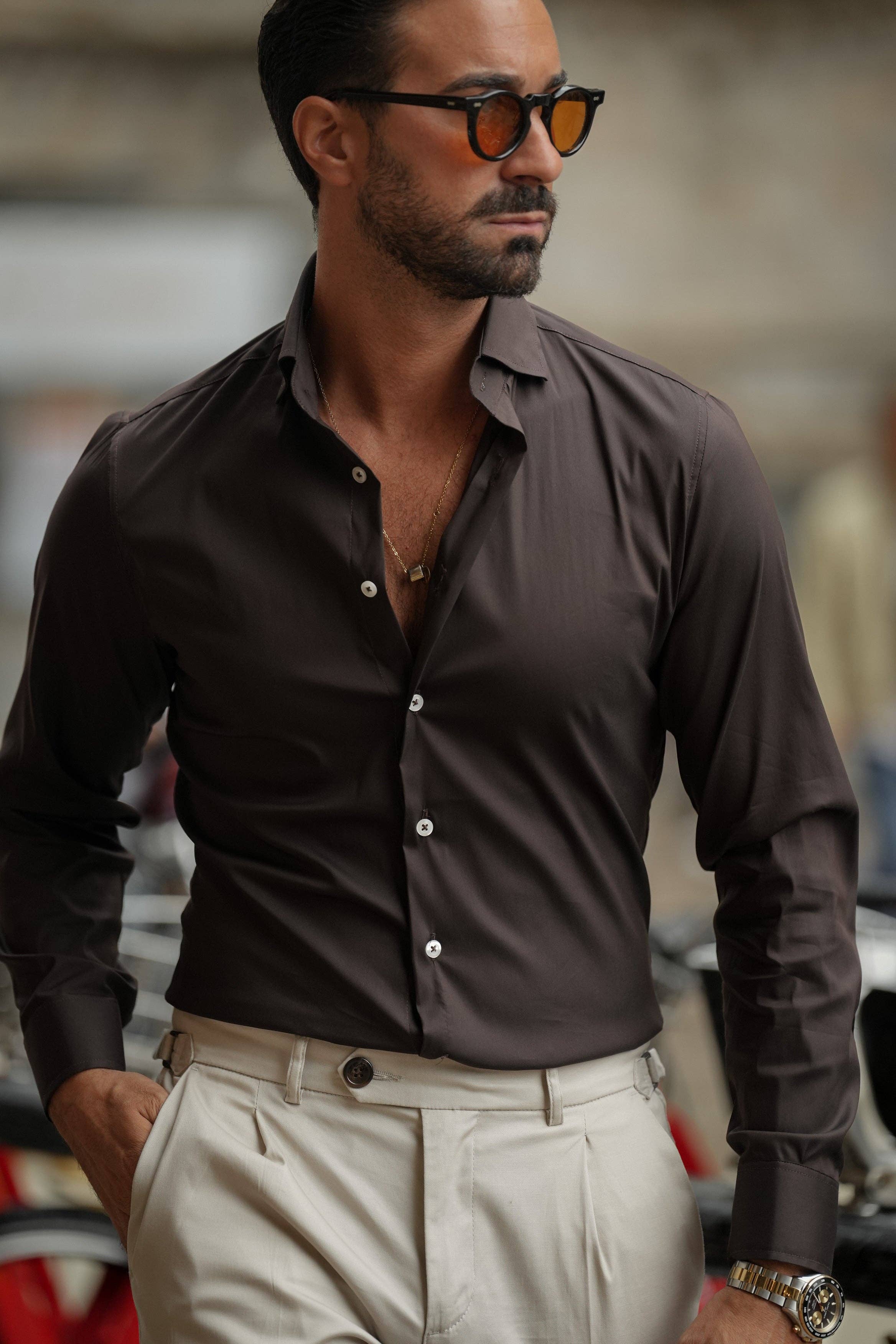 DONATO - Wholesale Button Down Shirt - Men's - Brown shirt slim-fit3