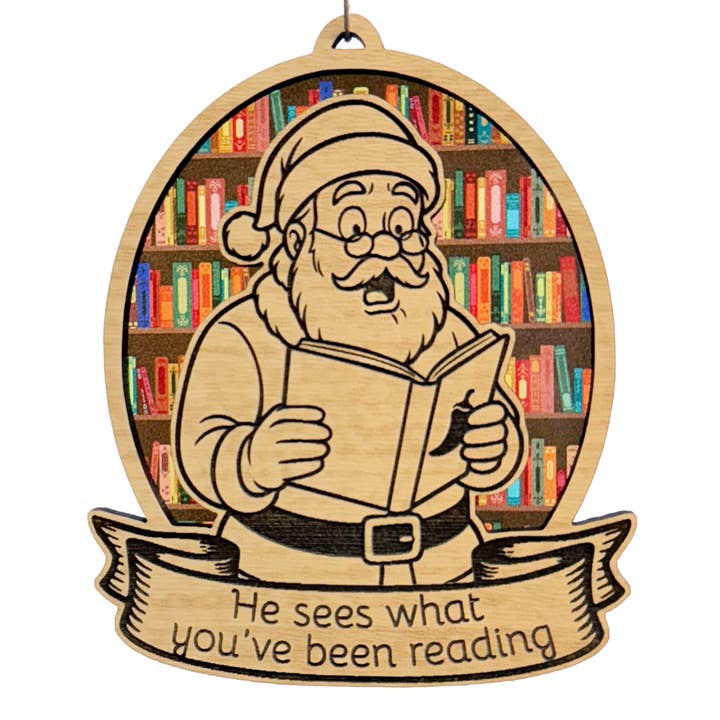 Santa Sees What You've Been Reading Ornament, Bookish Gift for wholesale by Art by Sharell