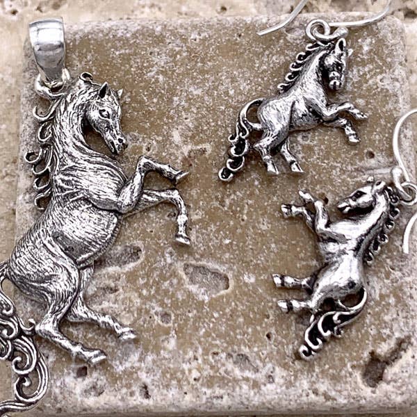 Sterling Silver Horse Pendant and Earrings for wholesale by Goddess Design Studio