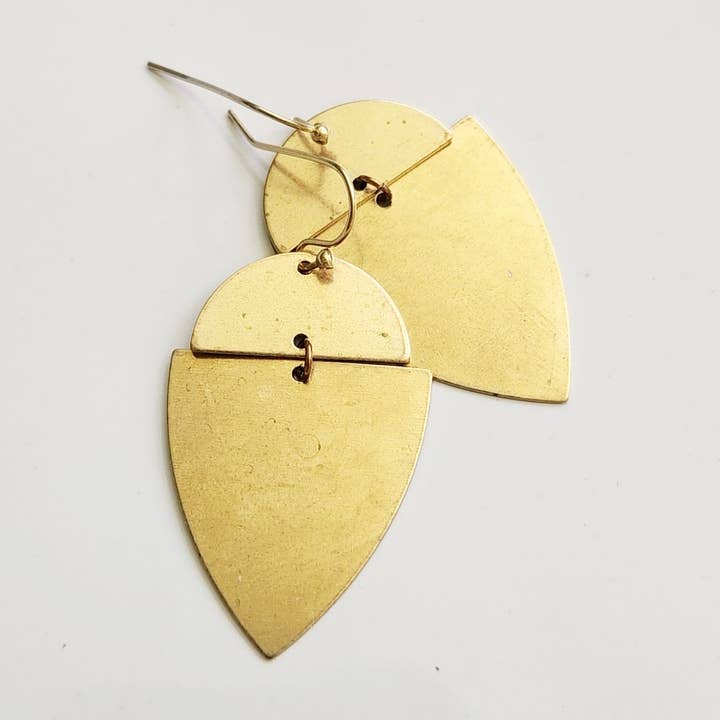 Edgy Chic Brass Geometric Shield Dangle Earrings for wholesale by Sara Sela Jewelry