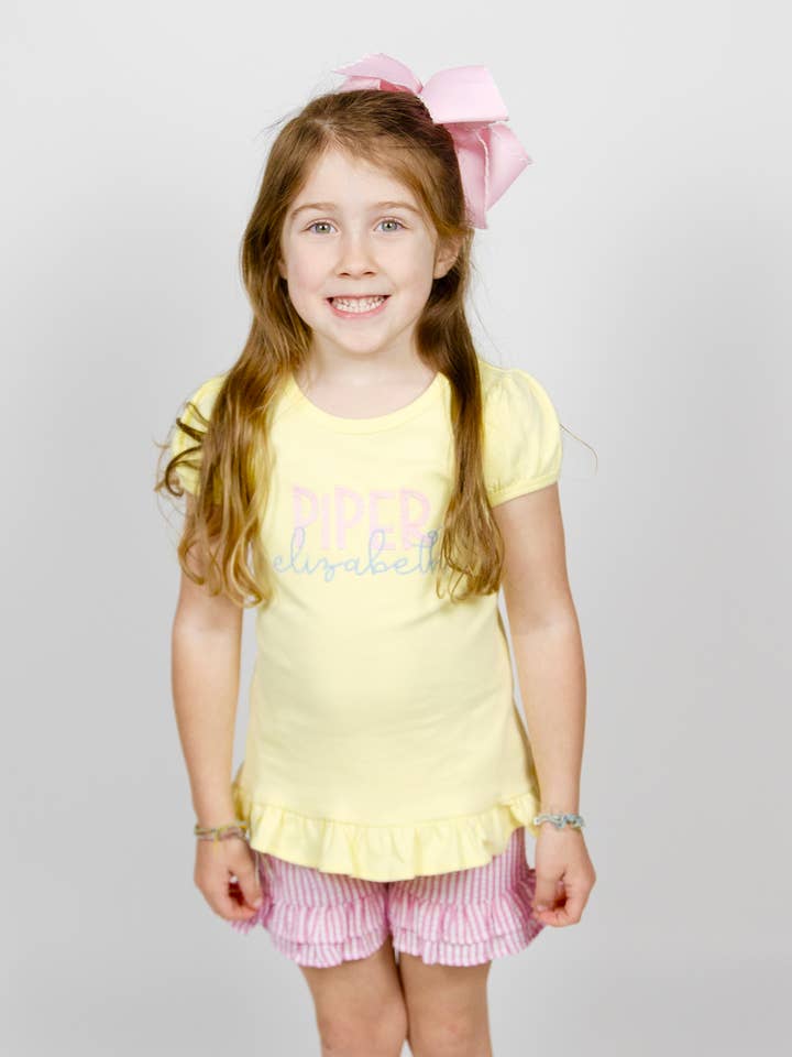 Puff Sleeve Ruffle Bottom Short Sleeve Tee - Light Yellow for wholesale by Love That Cotton