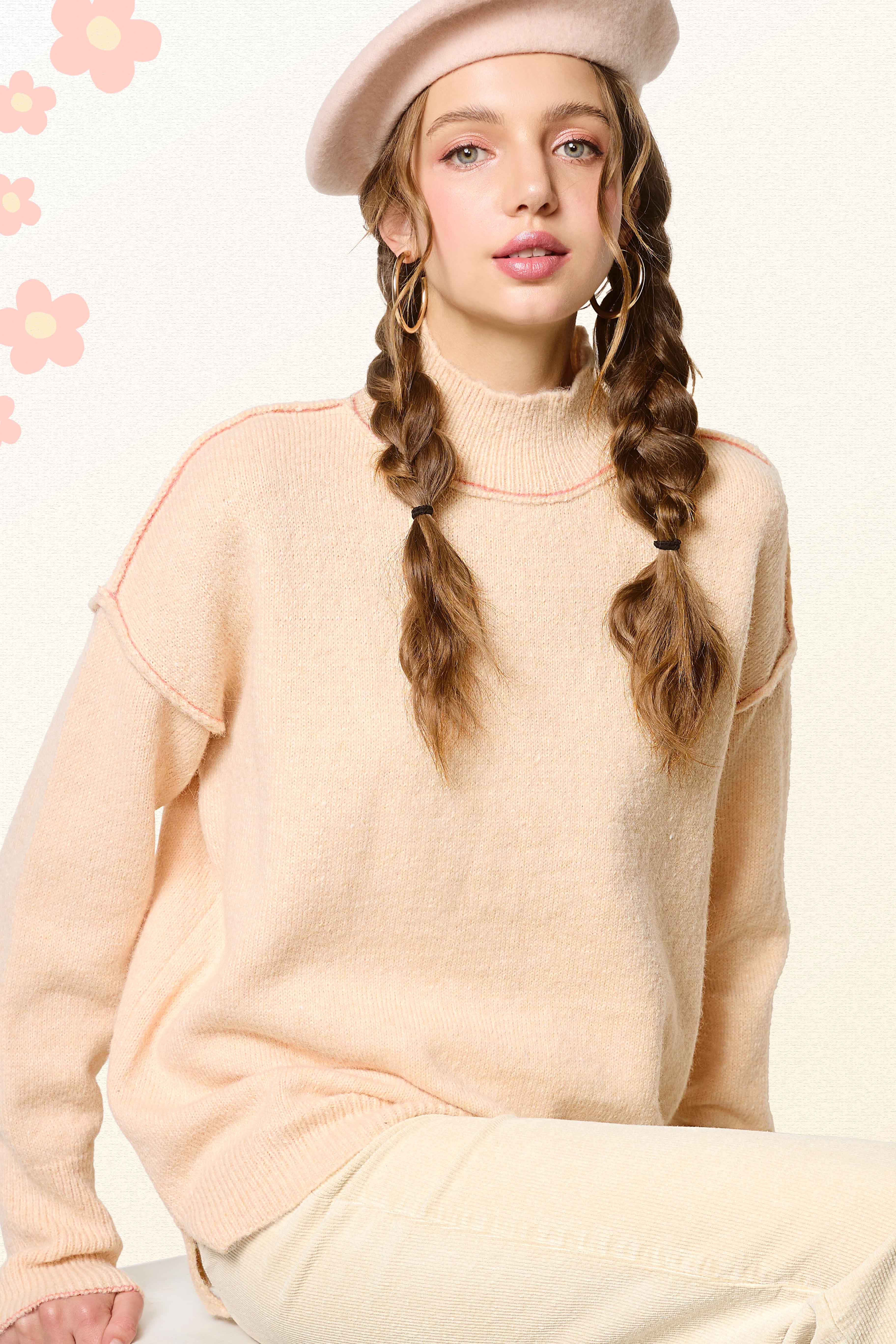 La Miel - Wholesale Knit Sweater - Women's - MCS3566-Loose Fit Mock Neck Exposed Seaming Detailed Sweater33