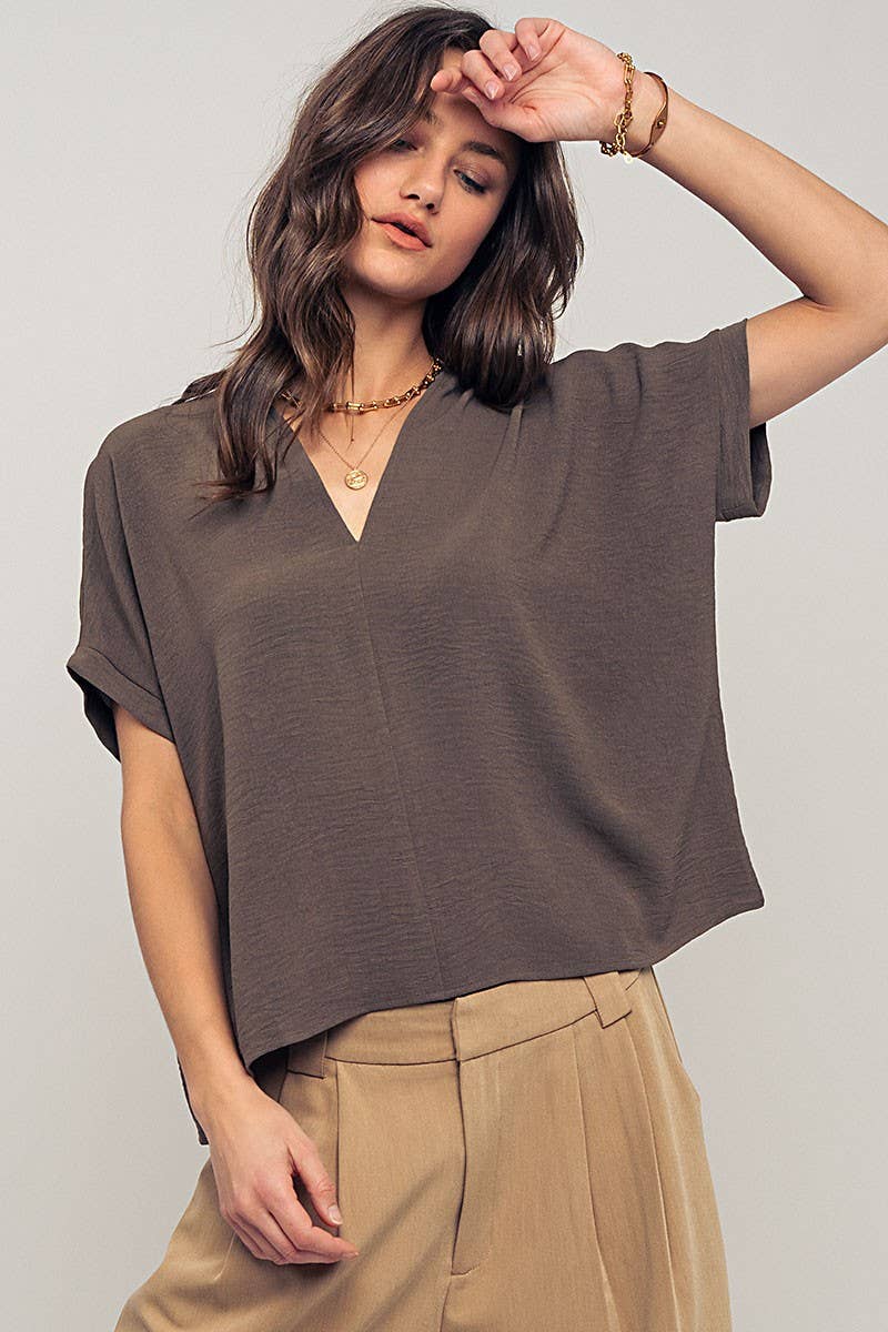 Urban Daizy - Wholesale Blouse - Women's - Relaxed V-Neck Top with Folded Sleeves19