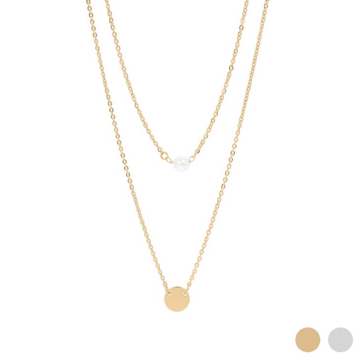 18K Gold PVD Stainless Steel Pearl and Blank Disk Layered Charm Necklace for wholesale by WJW