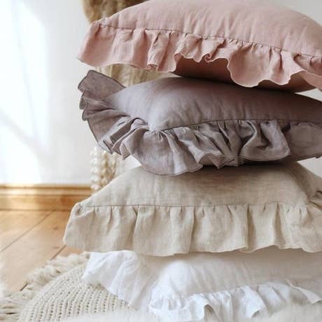 Moi Mili – wholesale Prydnadskuddfodral – Grå linnekuddfodral med volang