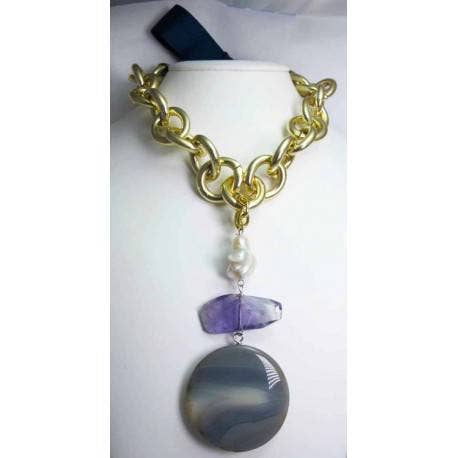 Collar con ágata gris, ametrina y perla barroca. Cierre para venta al por mayor de Giulia Sorvillo di Serino
