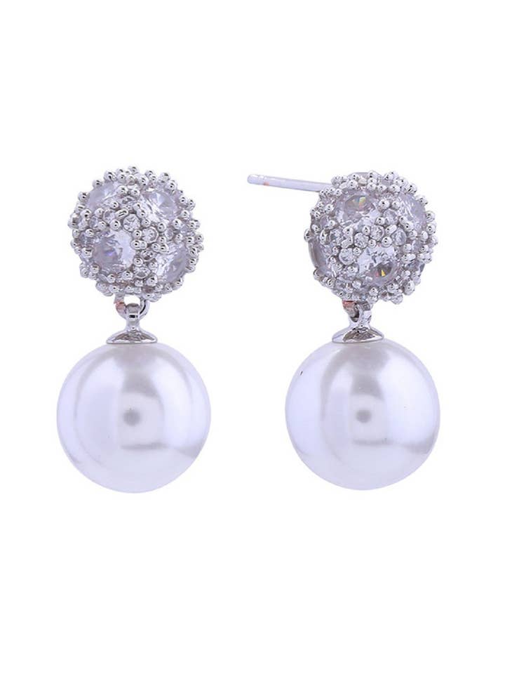 SJE310925 14K Crystal Top Pearl Drop Post Earrings for wholesale by MiMi Wholesale