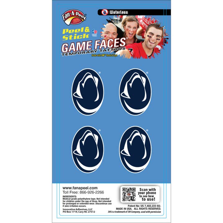 Penn State Game Faces® Temporary Tattoos for wholesale by Fanapeel / Gamefaces
