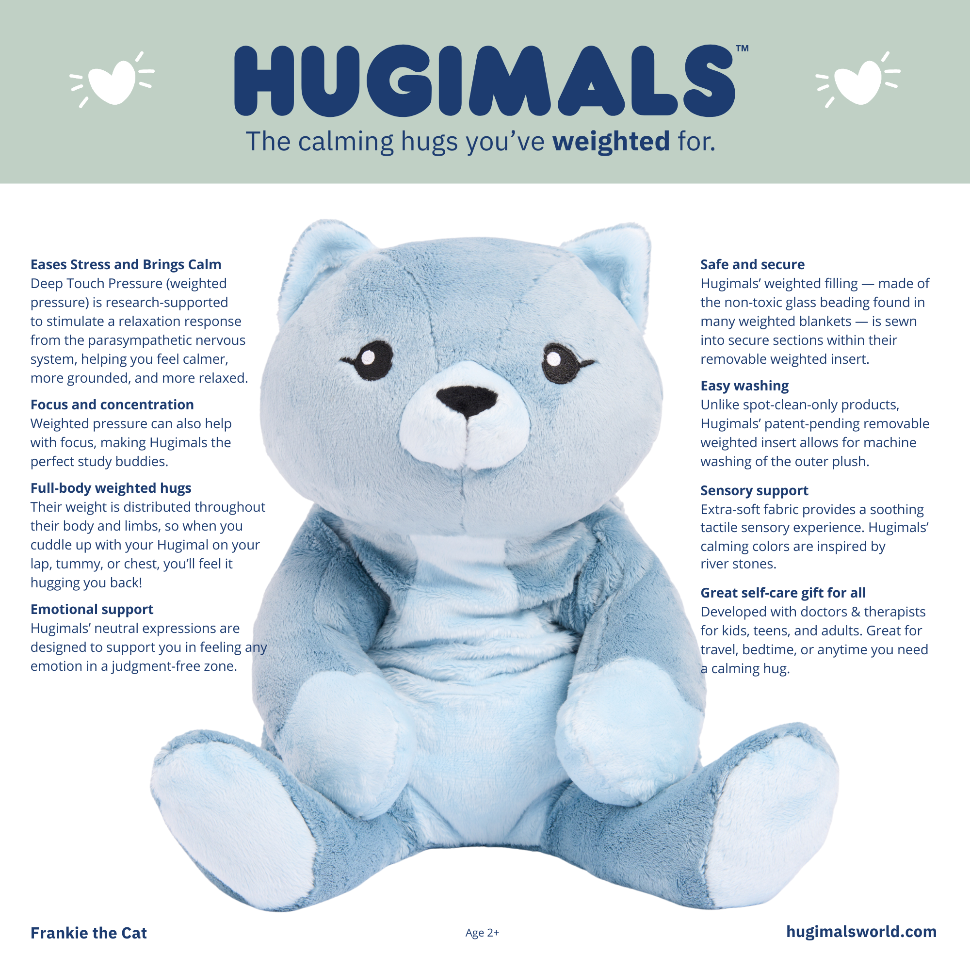 Hugimals World – Großhandel Kuschel-/Plüschtier – Kind & Baby – Frankie die Katze, 2 kg schweres Kuscheltier zur Angstlinderung für Kinder und Erwachsene12