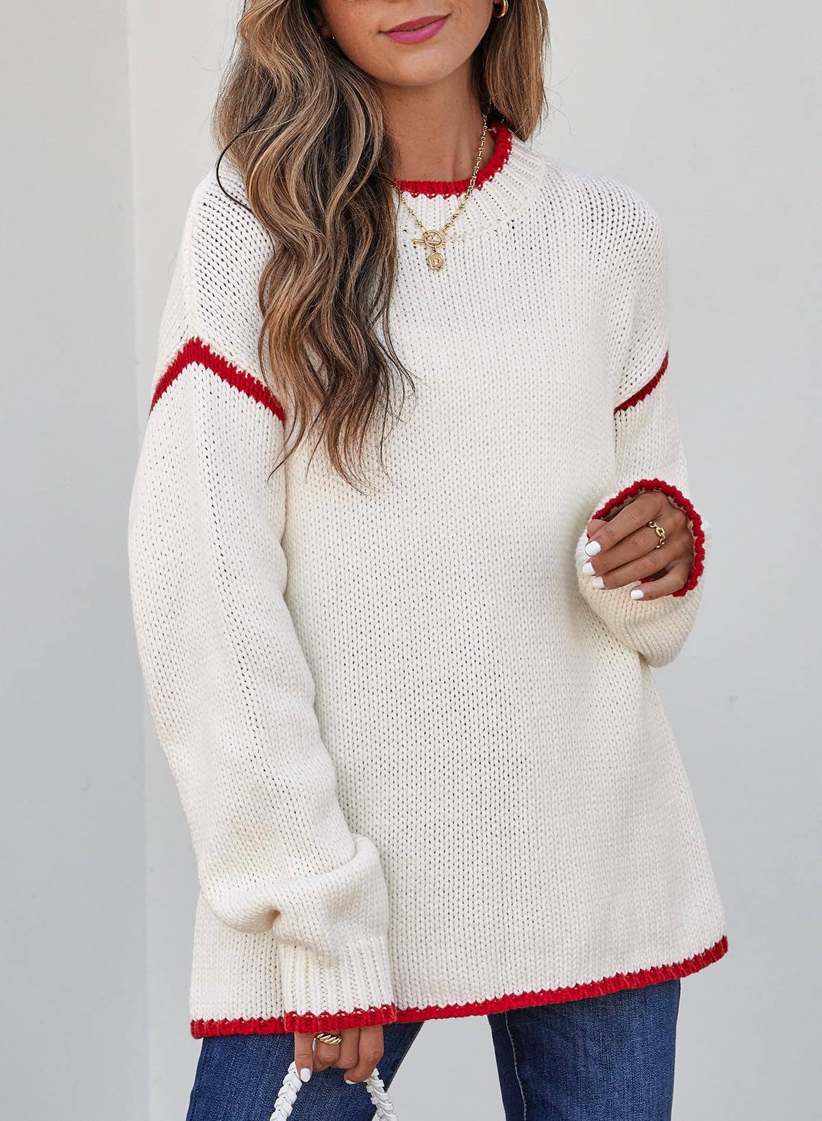 Anna Kaci Wholesale - Wholesale Knit Sweater - Women's - Crew Neck Knit Sweater with Red Trim Detail and Long Sleeves18
