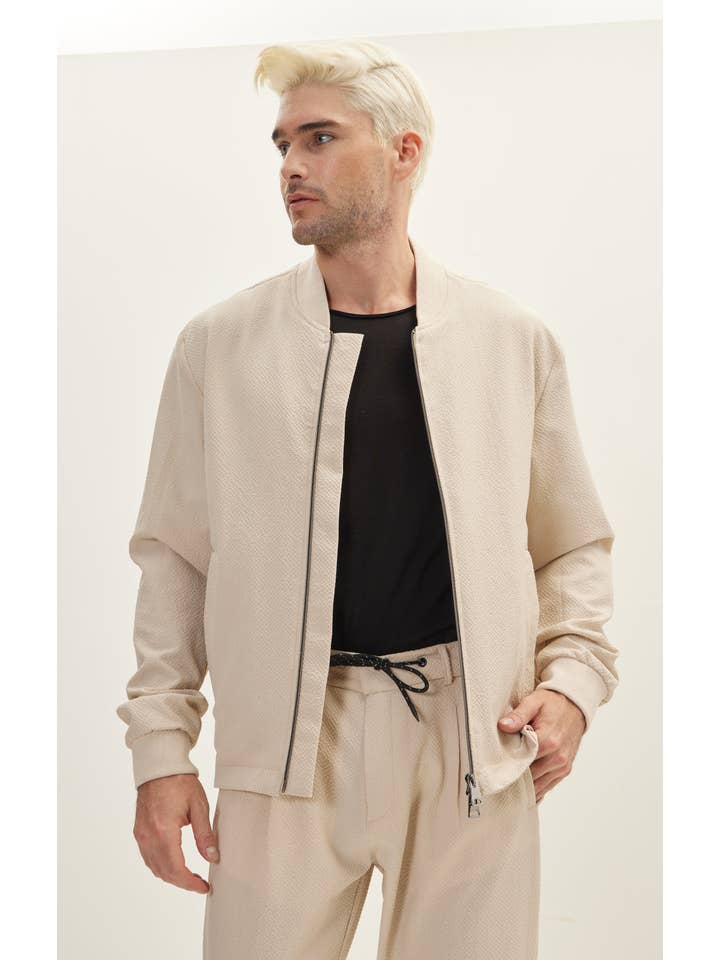 Men's Waffle Stretch Beach Day Bomber Jacket - Stone for wholesale on Faire