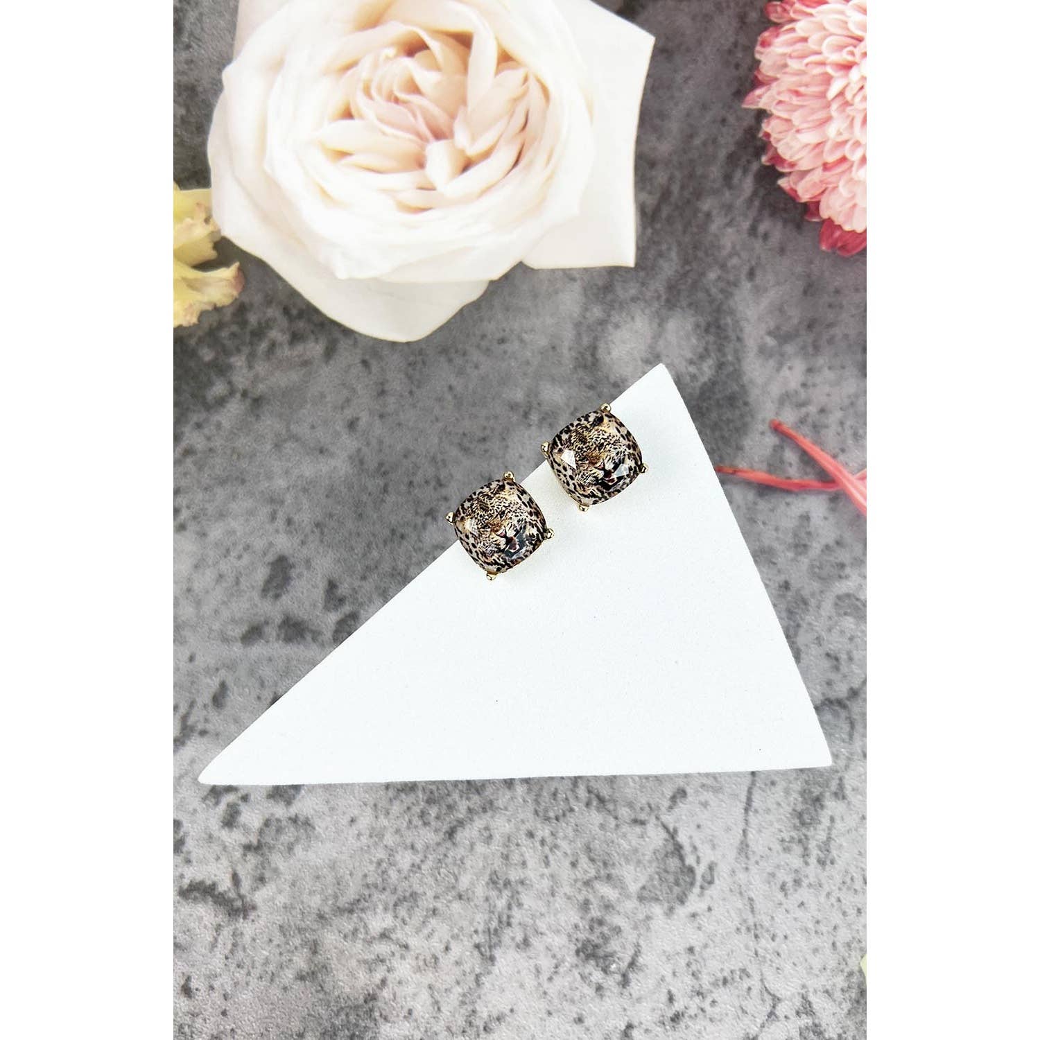 GOLD CUSHION CUT EPOXY CHEETAH PRINT STUD EARRING for wholesale on Faire4