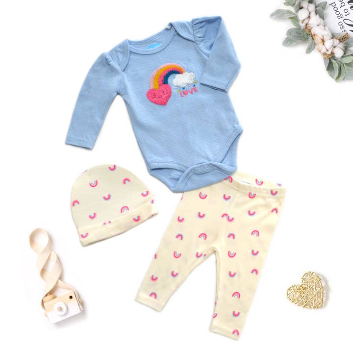 Baby 3-delige Chenille Applicatie Romper Hoed Broek Set voor wholesale door Lollipop Dreams