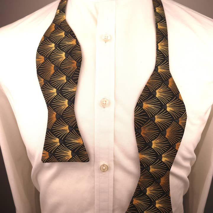 Dapper & Suave - Wholesale Bow Tie - Men's - Art Deco Black Gold Print Cotton Self Tie Bow Tie
