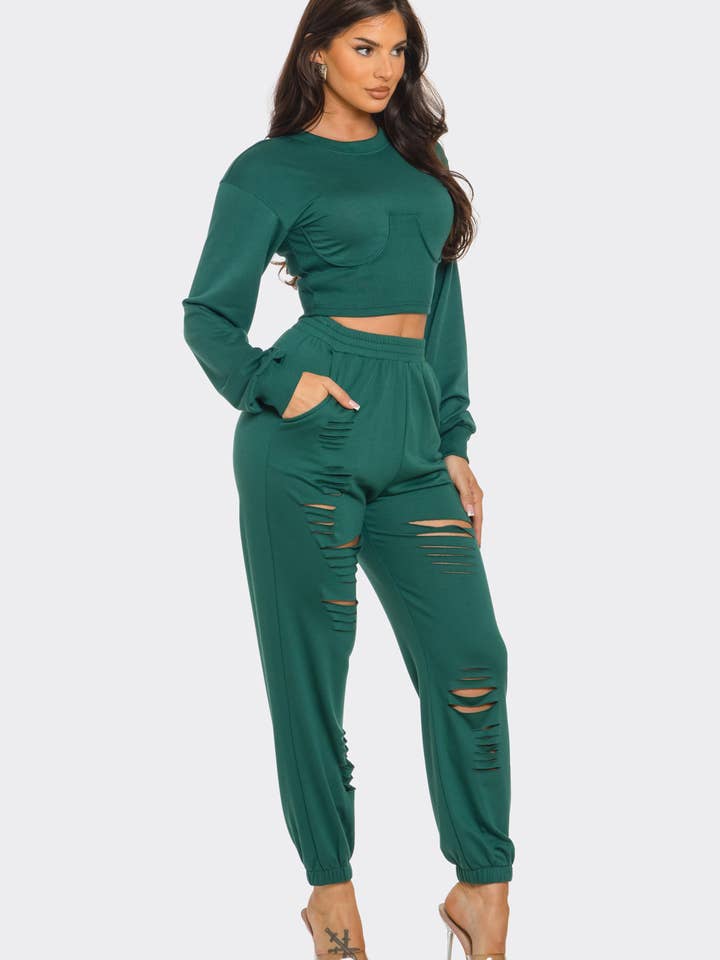 Julia by LoveJ - Wholesale Top & Pant Set (NOT Loungewear) - Women's - Round Neck Solid Top And Laser Cut Pants Set