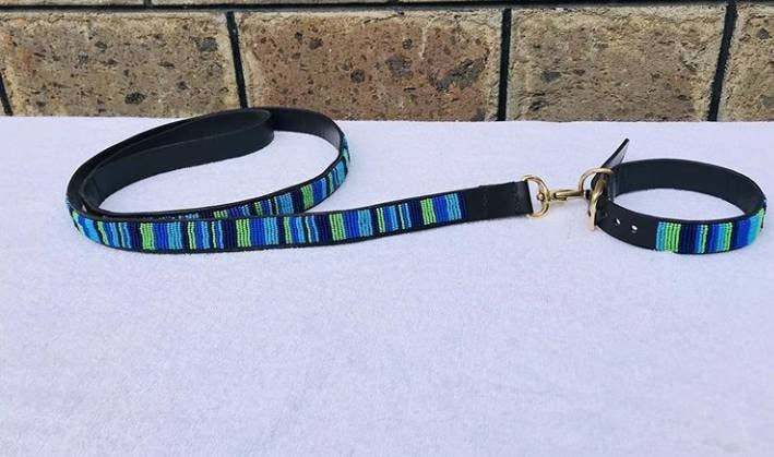 Delight merchants - Wholesale Pet Collar - Dog - Blue beaded leather dog collar and leash with free shipping.
