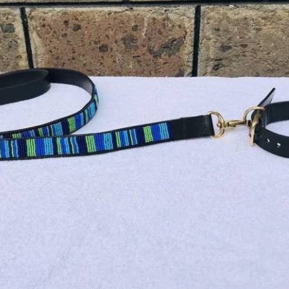 Delight merchants - Wholesale Pet Collar - Dog - Blue beaded leather dog collar and leash with free shipping.0