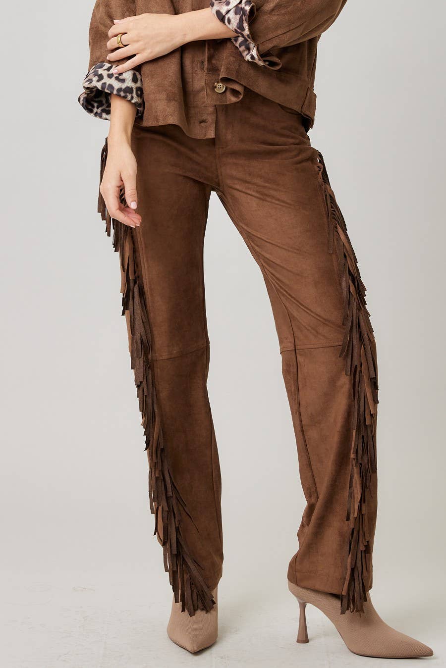 MOCHA Suede Fringed Pants for wholesale on Faire3