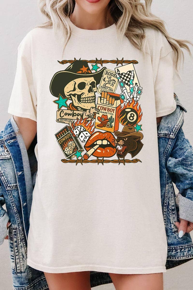 COLORBEAR - Vendita all'ingrosso Maglietta stampata - Donna - Maglietta in Cotone Pesante con Grafica Collage Western Vintage1