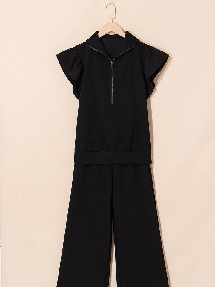Black Textured Ruffled Sleeve Zipped Top and Wide Leg Pants Set for wholesale by Azzurro
