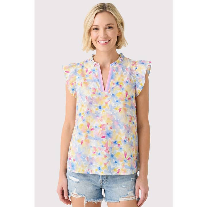 FRILLED SPLIT NECK FLORAL PRINTED TOP for wholesale by STACCATO