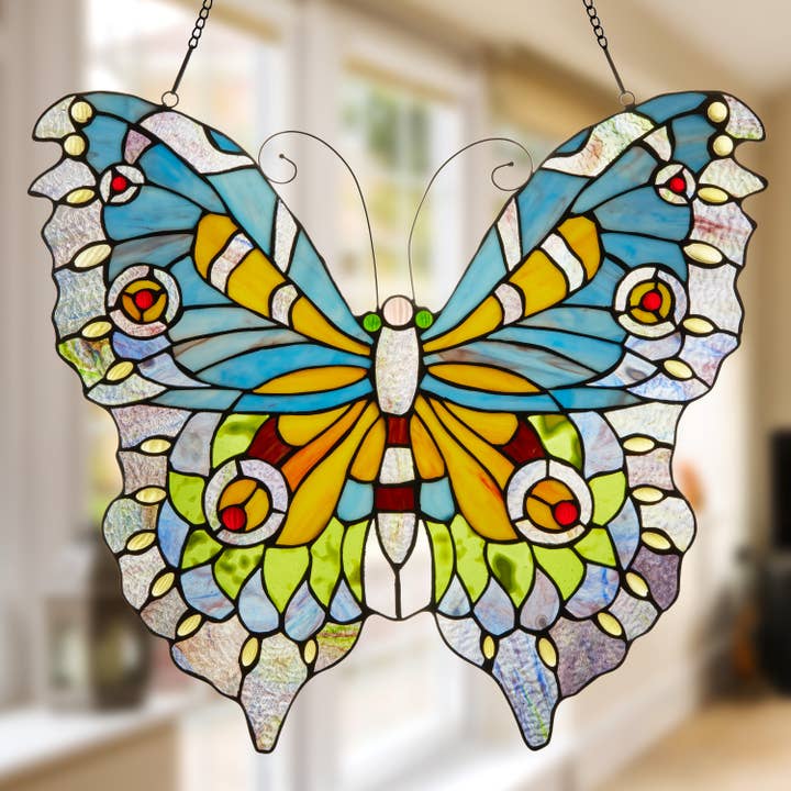 River of Goods - Vente Attrape-soleil - Panneau de fenêtre Luisa en forme de papillon bleu, jaune et vert, 20,5 pouces de haut