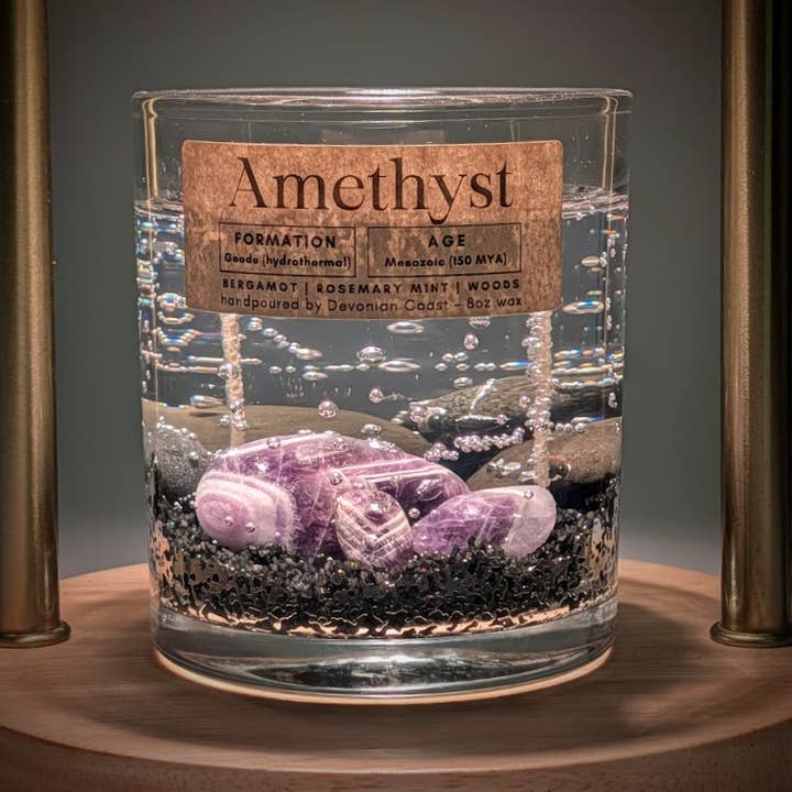 Amethyst Crystal Treasure Gel Candle | Museum Gift for wholesale by Devonian Coast