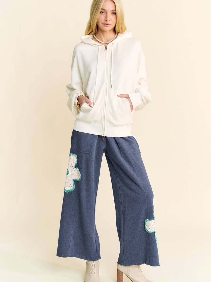 Davi & Dani - Wholesale Pants - Women's - FLORAL PATCH POCKETS ELASTIC TERRY EASY PANTS