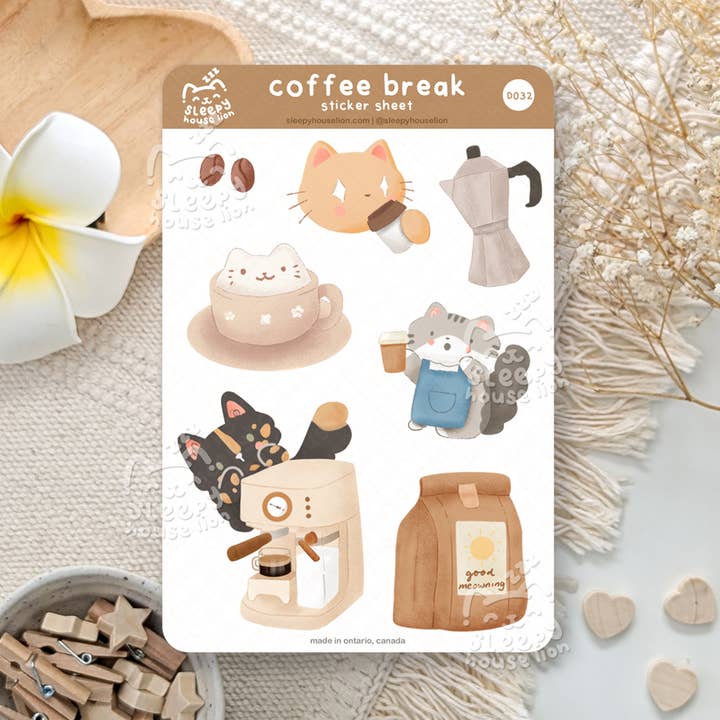Cats and Coffee Break Vinyl Sticker Sheet for wholesale by Sleepy House Lion