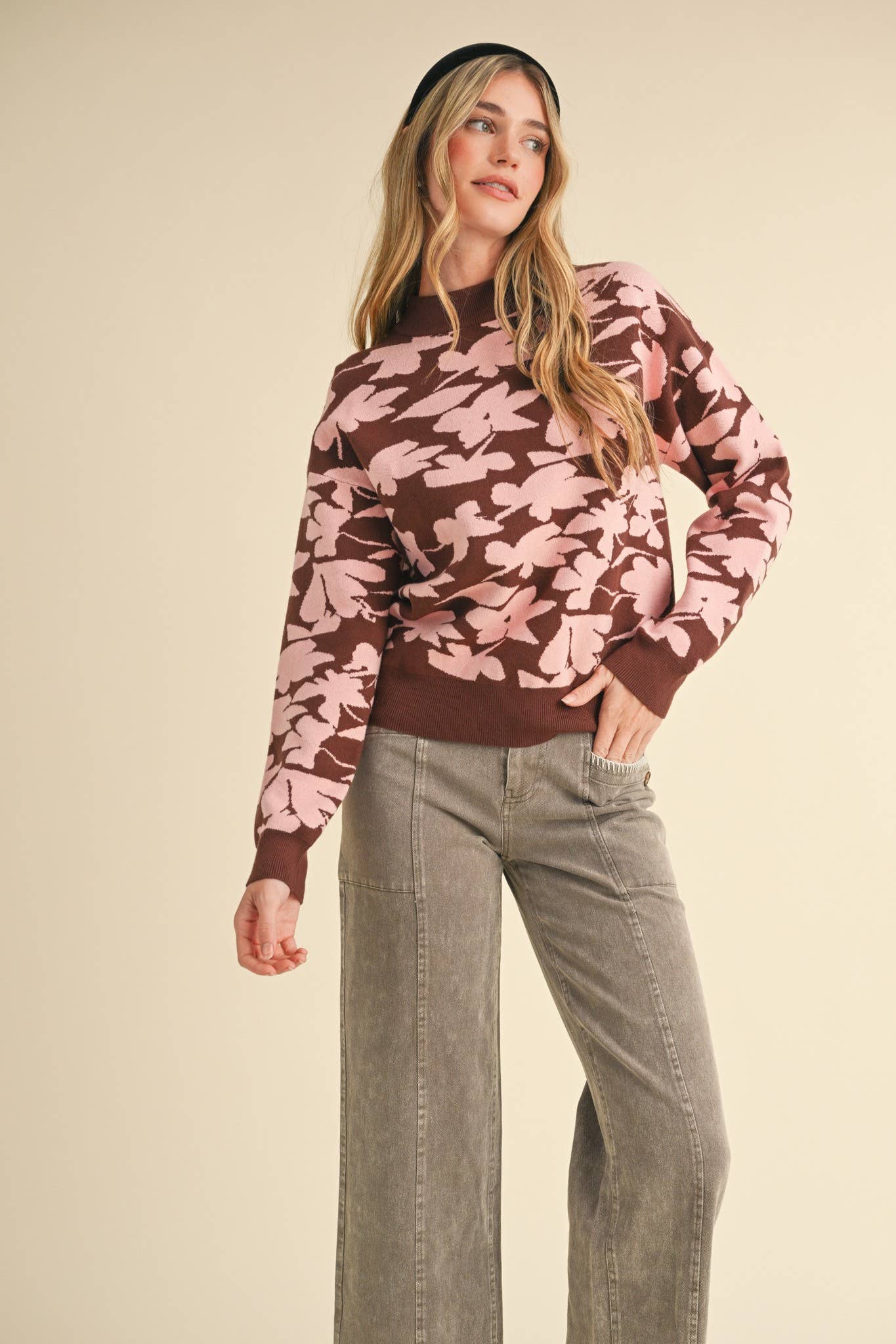 &MERCI - Wholesale Knit Sweater - Women's - MOCK NECK FLORAL KNIT SWEATER MSW105588