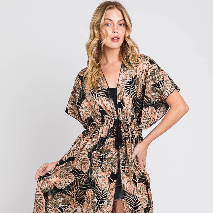 Kimono da annodare con stampa di foglie tropicali per la vendita all'ingrosso da parte di Anarchy Street