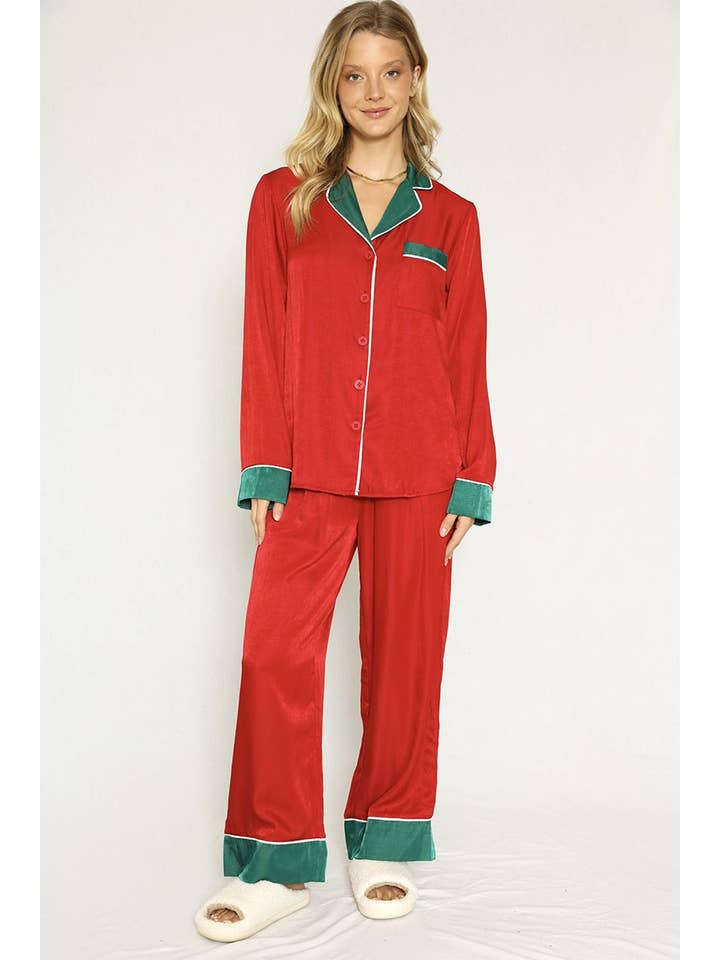 Red Textured Satin Holiday Pajama Set for wholesale on Faire