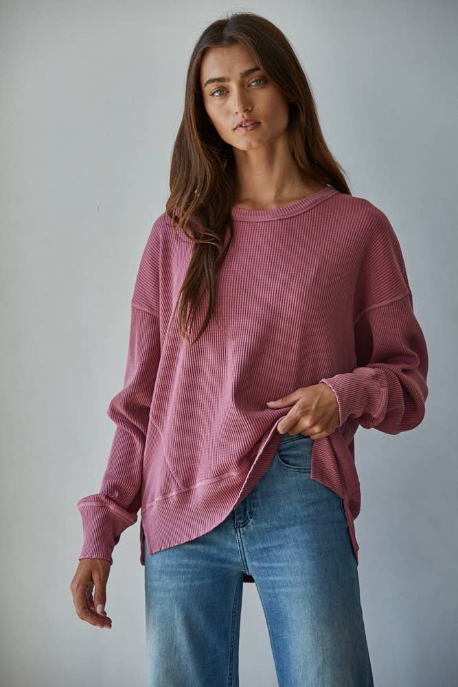 By Together - Wholesale Knit Top - Women's - L8734 | Knit Drop Shoulder Long Sleeve Top with Side Slits0