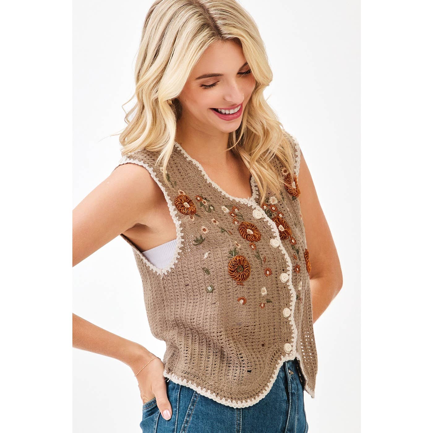 mittoshop - Wholesale Sweater Vest - Women's - FLORAL EMBROIDERY SLEEVELESS VEST CROCHET TOP1