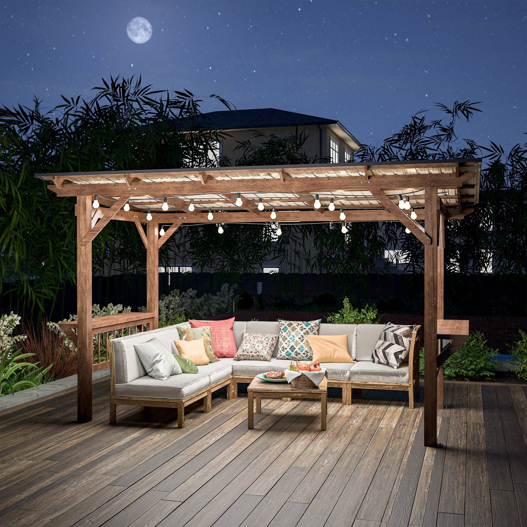 39F Inc. - Wholesale Outdoor Ornament/Decor - 13'x6.5' Wooden Pergola Grill Gazebo w/Metal Roof & Bulbs12