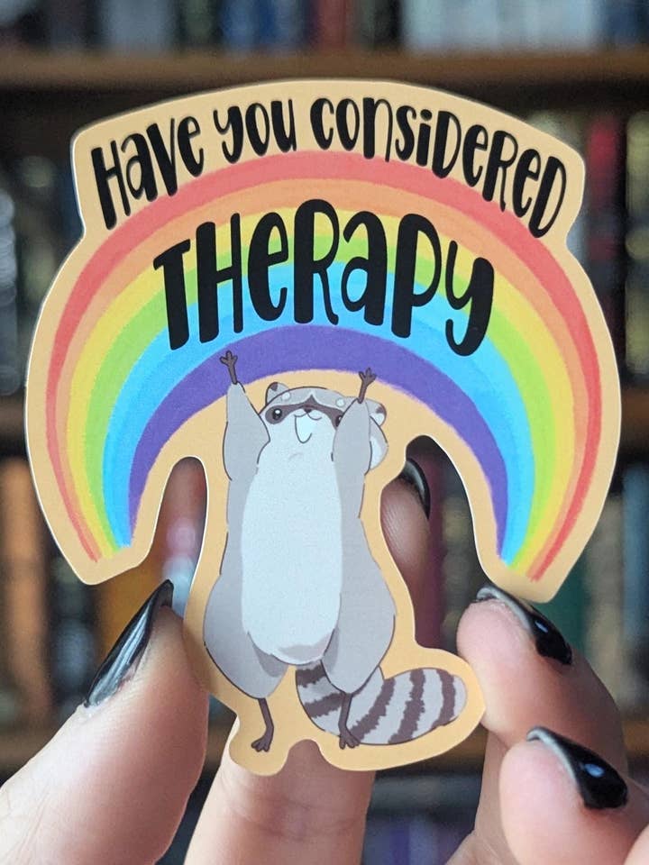 Consider therapy chaotic raccoon vinyl sticker for wholesale by Geek and Artsy