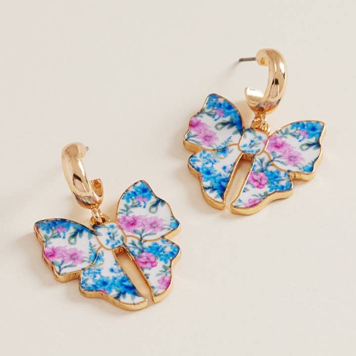 Designature New York - Wholesale Hoop Earrings - Ceramic Bow Enamel Flower Pattern Hoop Earrings2
