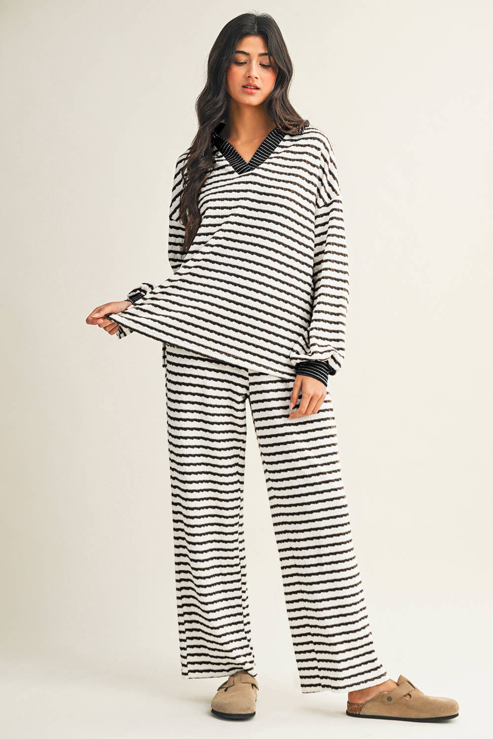 Little Daisy Closet - Wholesale Lounge Set - Women's -  LDC Stripe Collared Pullover Top and Drawstring Pant Set11