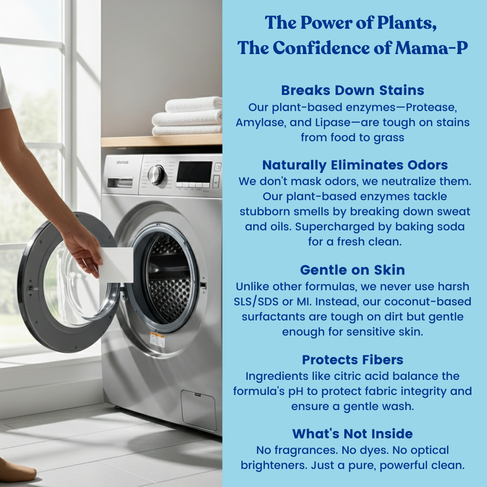 MamaP - Venta al por mayor Cápsulas/ polvos de detergente para ropa - Hojas de detergente para la ropa sin SLS para pieles sensibles4
