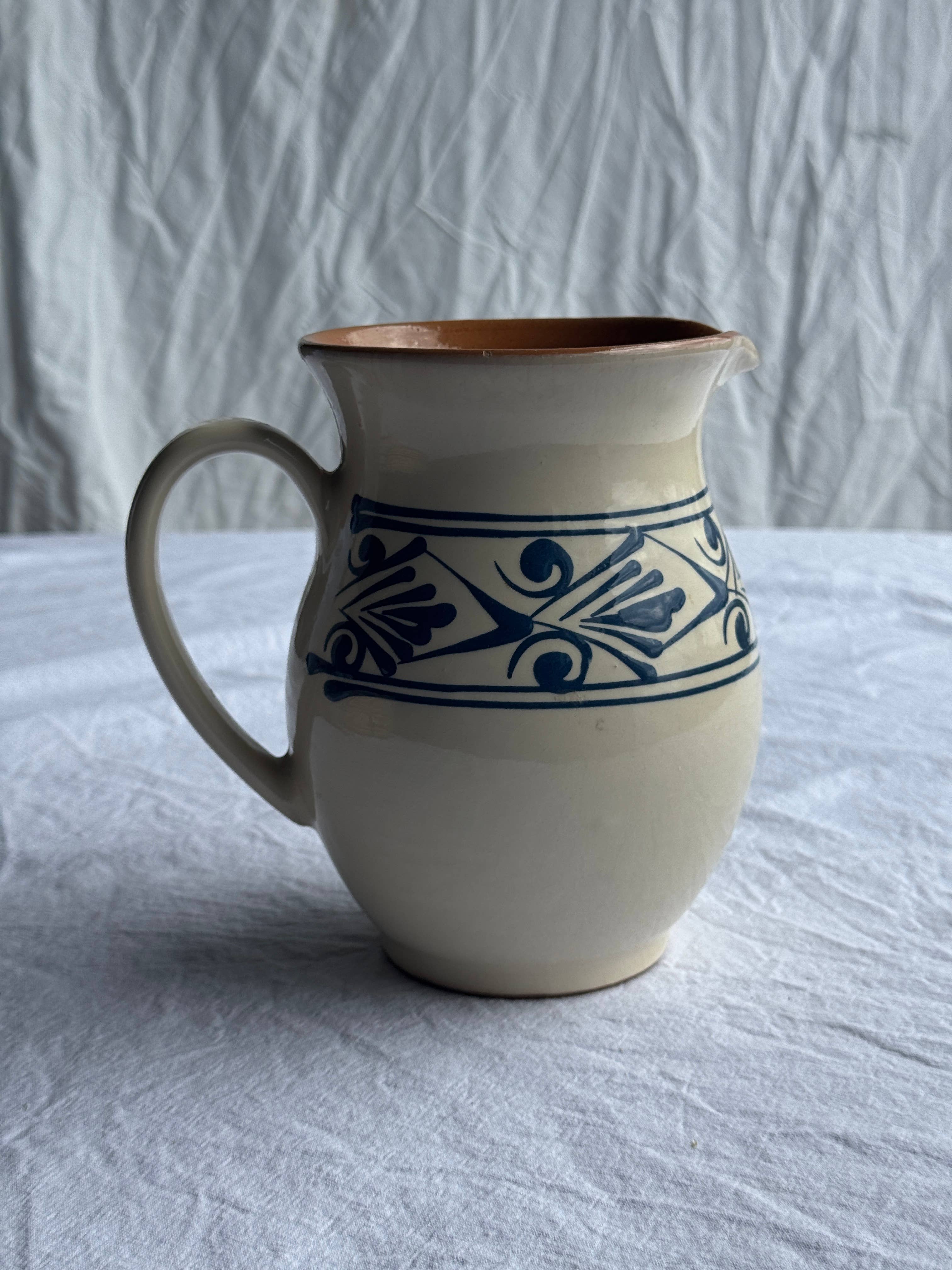 Office Objets - Wholesale Pitcher - Vintage white pitcher with stylized blue vegetal frieze H17.54