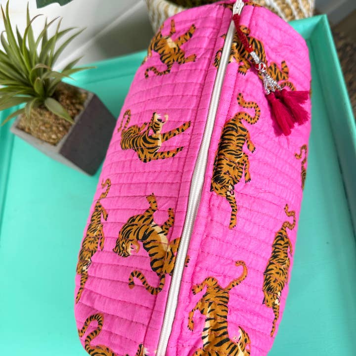 Folklore Couture - Wholesale Makeup/Cosmetic Bag - Quilted Pink Tiger Print Makeup Bag | Cosmetics Toiletry Bag3