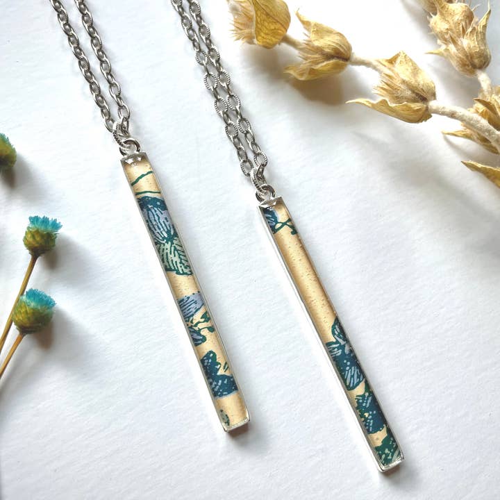 joeyfivecents - Wholesale Pendant/Charm Necklace - Long slim silver rectangle necklace - abstract design, blues